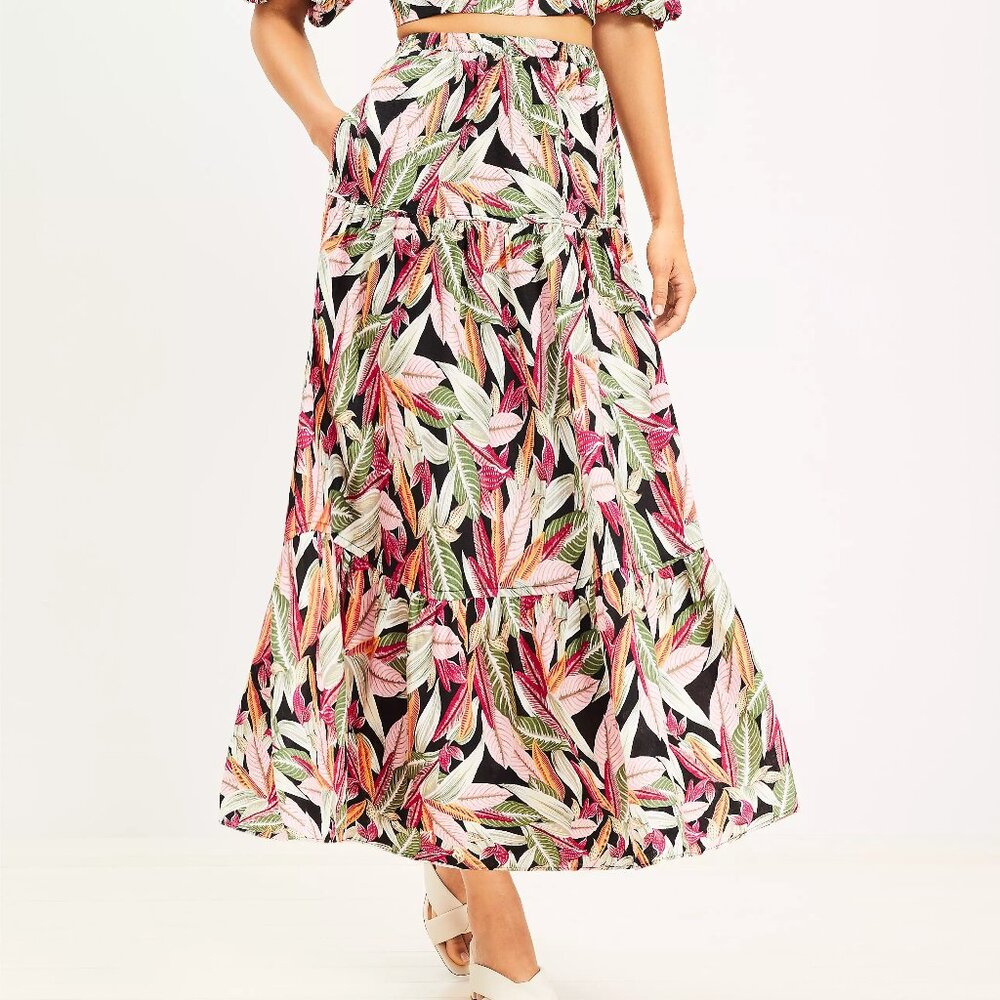 NWT Loft Beach Palm Tiered Linen Midi Skirt | Womens | Medium | Flowy | Floral
